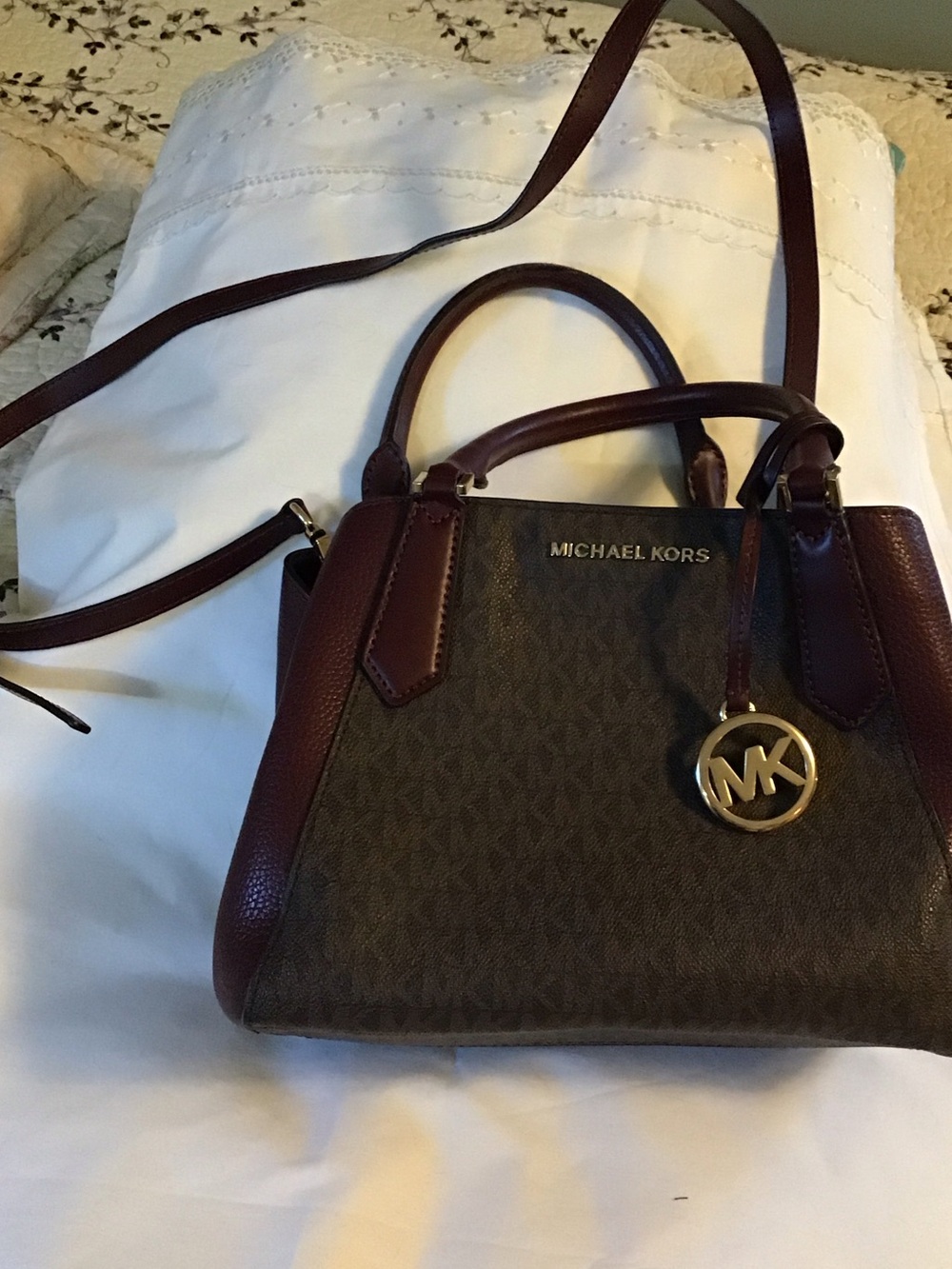 Michael Kors Brown and Burgundy Satchel with Gold MK Charm